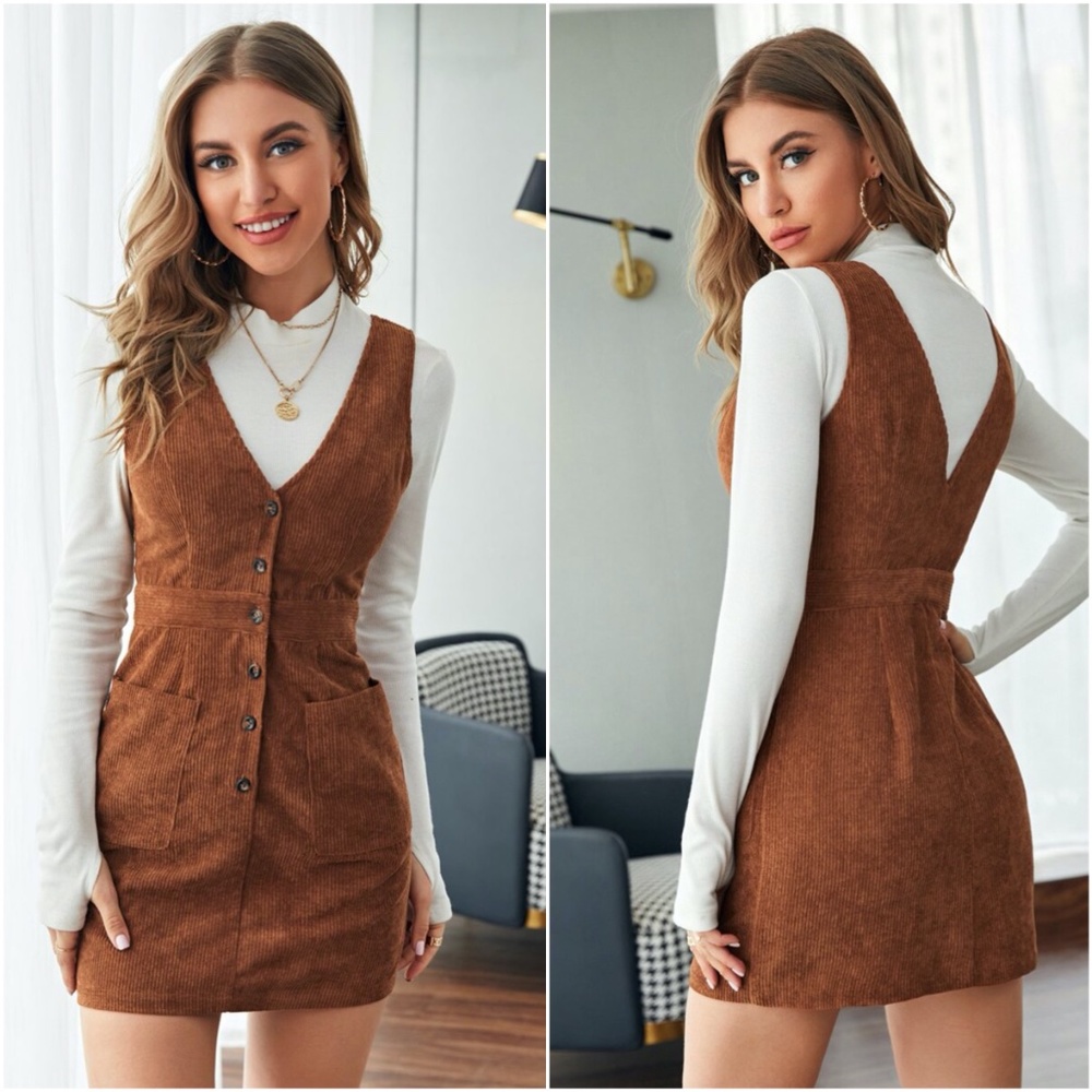 button down corduroy pocket mini dress Brown